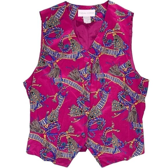 L Woman Vintage CASUAL CORNER 100% Silk Korean‎ Rope Tassel Print Fuchsia Vest - Picture 1 of 6